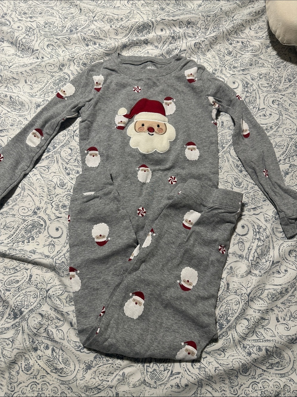 Kids Gray Santa Pajama Set with Festive Red Details